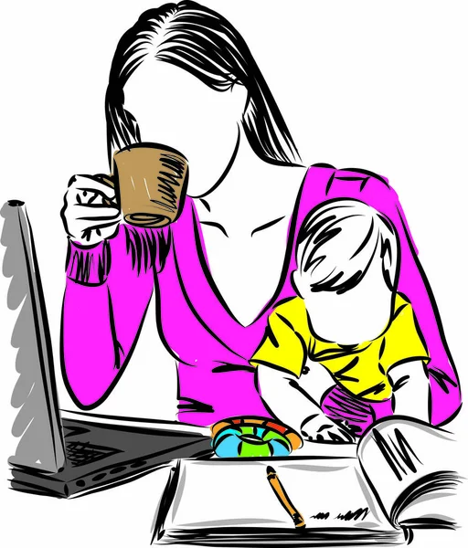 Mamma Con Bambino Bere Caffè Lavorando Casa Vettoriale Illustrazione — Vettoriale Stock
