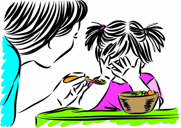 Mother Trying Feed Little Girl Vector Illustration — Stock Vector