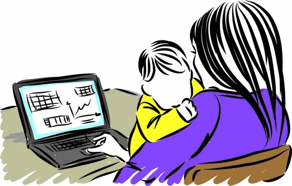 Madre Con Bambino Che Lavora Dall Illustrazione Del Vettore Interno — Vettoriale Stock
