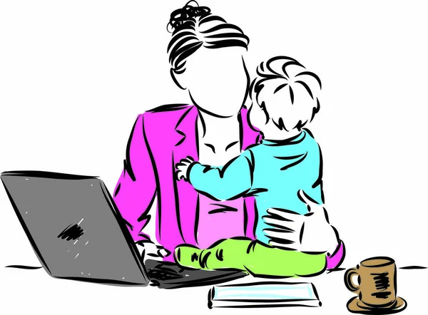 Mamma Davanti Computer Portatile Che Lavora Casa Con Illustrazione Vettoriale — Vettoriale Stock