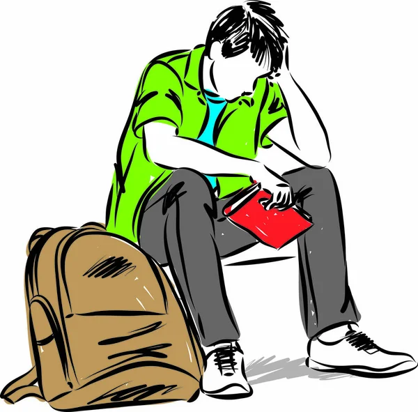 Teenager Student Sad Sitating Book Vector Illustration — 图库矢量图片