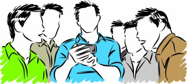Erkekler birlikte cep telefonu vektör illüstrasyonuna bakıyorlar