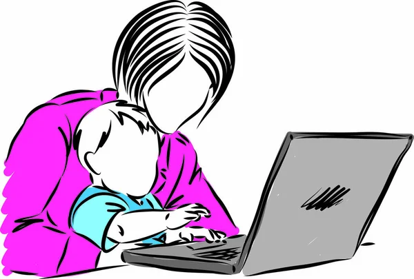 带有婴儿敲击键盘的母亲计算机膝上型计算机矢量插图 — 图库矢量图片