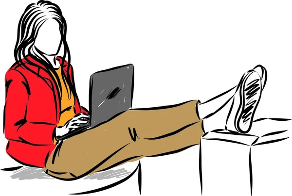 Девочка Подросток Векторной Иллюстрацией Laptop Computer Reading — стоковый вектор