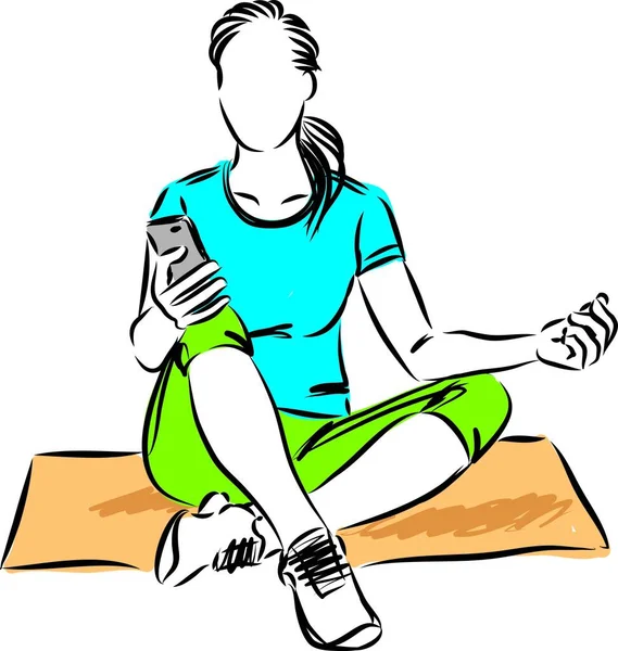 Yoga Fitness Mujer Relajada Con Ilustración Del Vector Del Teléfono — Vector de stock