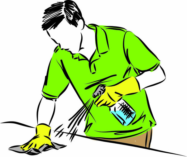 man cleaning table with disinfectant vector illustration