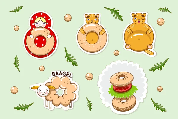 Stickers bagel matryoshka ontmoet FatCat en schapen — Stockvector