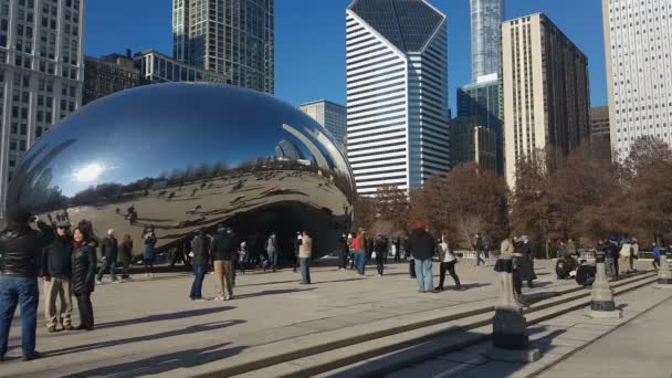 Chicago, Il, Verenigde Staten 01 januari 2017: Cloud Gate sculptuur met toeristen. — Stockvideo