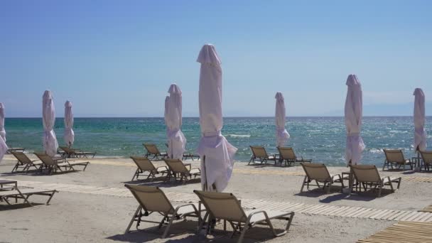 Sunbeds with closed umbrellas on a beach with sand. — Stock Video