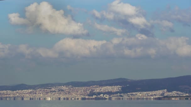 Thessaloniki Griekenland Landschap Kustzicht Van Oost Stad Gebied Met Wolken — Stockvideo