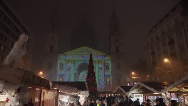 ブダペスト ハンガリー 12月08 2019 装飾された木とアニメーションショーと聖スティーブン広場のクリスマスマーケット アドベント季節の屋台に沿って群衆と大聖堂のファサードに投影されたレーザー映像饗宴 — ストック動画