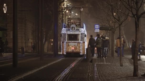 Budapest Hungría Diciembre 2019 Vista Nocturna Del Tranvía Navidad Iluminado — Vídeo de stock