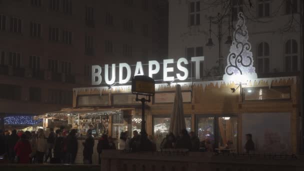 ブダペスト ハンガリー 12月08 2019 ヴォロスマティ広場で群衆とクリスマスマーケット 伝統的な季節の食べ物やワインの屋台でお祝いの装飾や群衆とブダペストの看板の夜景 — ストック動画
