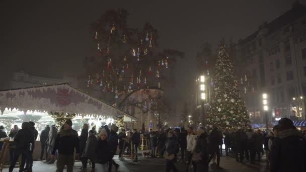 ブダペスト ハンガリー 12月08 2019 ヴォロスマティ広場で群衆とクリスマスマーケット 伝統的な季節の食べ物やワインの屋台でのお祝いの装飾の夜景 — ストック動画