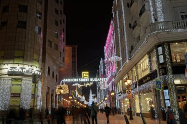 Budapeşte, Macaristan - 08 Aralık 2019: Moda Caddesi 'ndeki Noel Pazarı & aydınlatılmış ağaç.