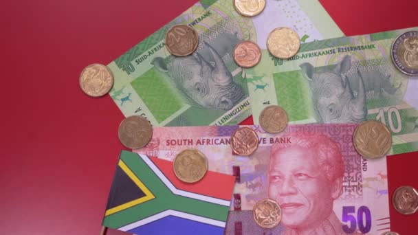 South African Rand Money Banknotes Coins Top View Zar Official — ストック動画