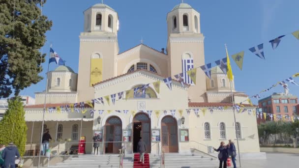 Tesalónica Grecia Enero 2020 Fachada Iglesia Ortodoxa Con Banderas Iglesia — Vídeos de Stock