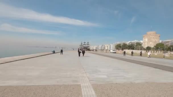 White Tower Thessaloniki Waterfront Hyperlapse Day View City Landmark Surrounding — Stock Video