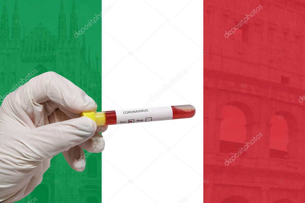 Italy Coronavirus COVID-19 world outbreak concept. Chemist with protective gloves holds vacutainer blood tube with 2019-nCoV virus positive sample, before Italian flag with photos of Milan & Rome.