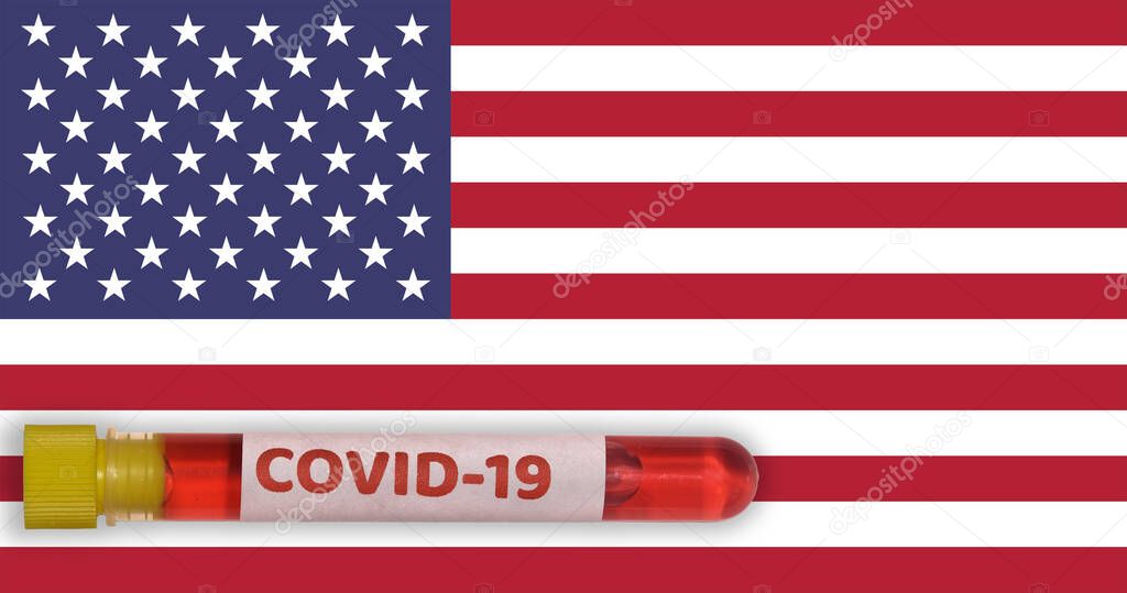 USA Coronavirus COVID-19 world outbreak concept. Vacutainer blood tube with 2019-nCoV virus positive sample before United States of America flag.