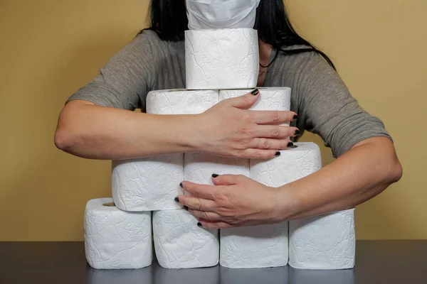 Toilet Paper Shortage Concept Female Holding Stacked Rolls Woman Covers — Stock Photo, Image