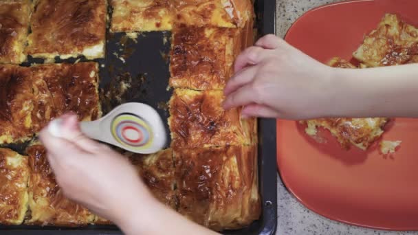 Pastelaria Caseira Torta Queijo Grego Que Serve Vista Superior Perto — Vídeo de Stock