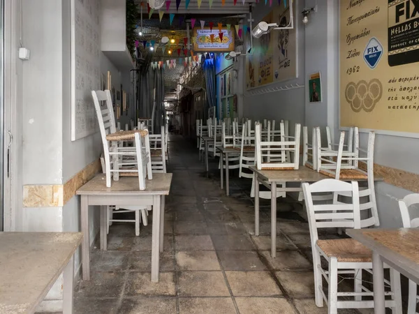 Thessaloniki Grecia Los Restaurantes Vacíos Con Asientos Interior Afectan Los —  Fotos de Stock