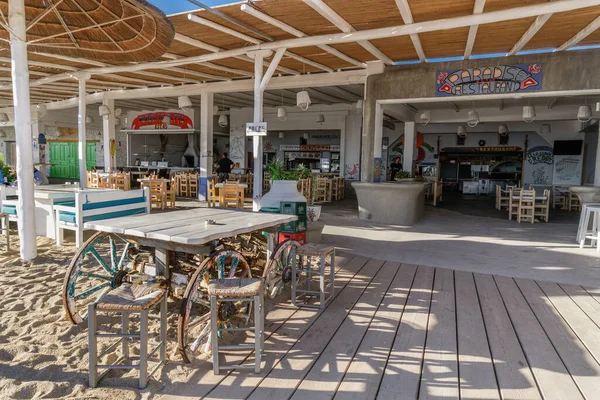 Mykonos Greece Paradise Beach Bar Restaurant Facilities Evening View Tropicana — Stock Photo, Image