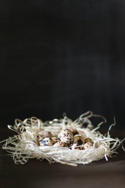 Yığınla yumurta ya da ahşap bir zemindeki bir yuvada piramit. Paskalya tatili için. Paskalya geçmişi. Paskalya fotoğrafları ve resimleri için yeni renk ve ışık