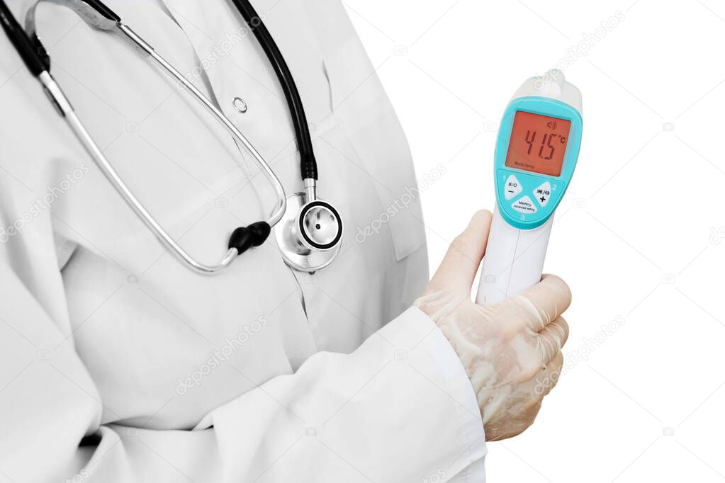 a woman doctor in a white coat and gloves, holding an electronic thermometer with indicators of high body temperature on a white background. isolated on white background
