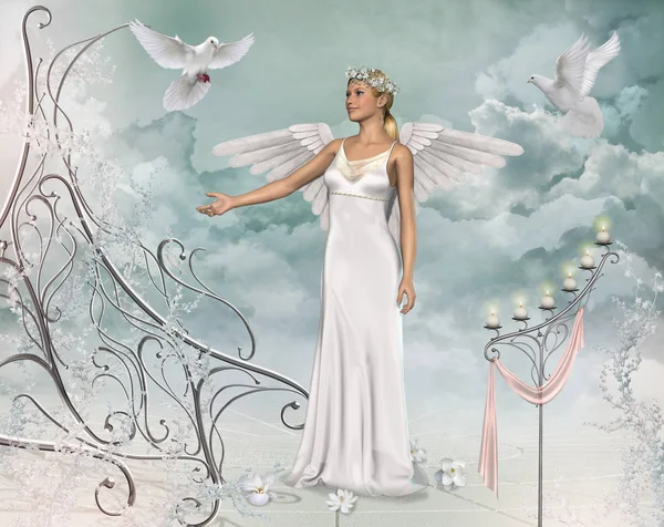 Hermosa mujer ángel y palomas —  Fotos de Stock