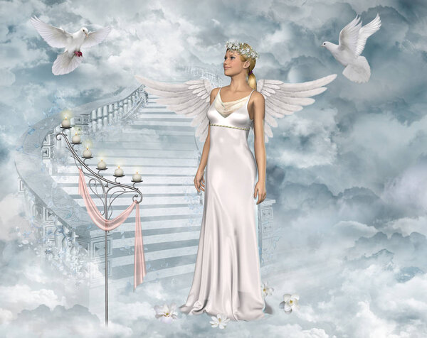 3D illustration of a beautiful angel woman playing with white doves.