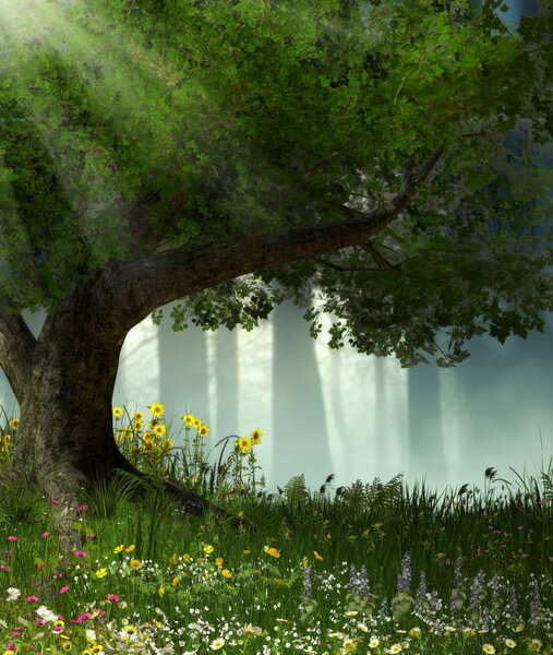 3D illustration of a large tree in an enchanted romantic forest.