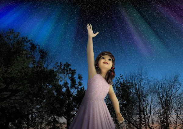 Nuori tyttö kurkottaa tähtiä toivossa — kuvapankkivalokuva