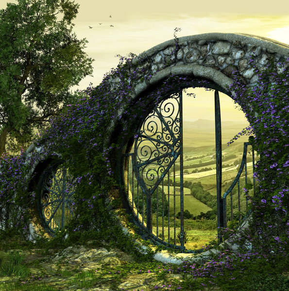 3D render of a gate wall to a beautiful enchanted garden like landscape at dawn