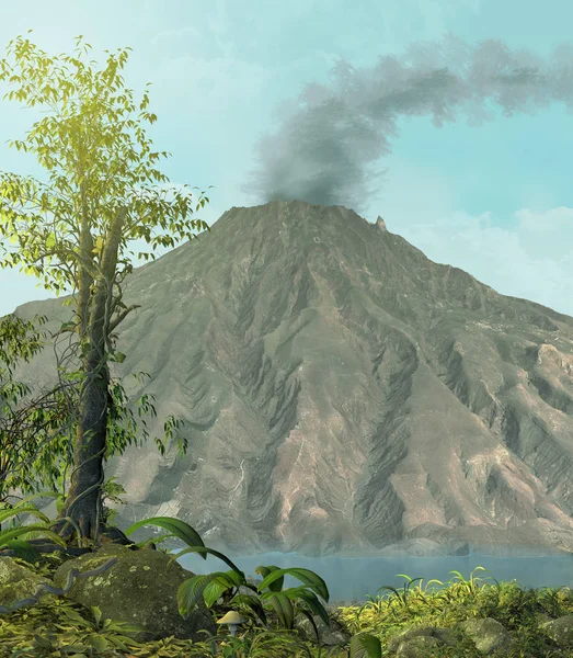 Vulcano attivo circondato dalla giungla — Foto Stock