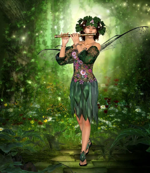 Charming Fairy Playing the Flute — Stock Photo, Image