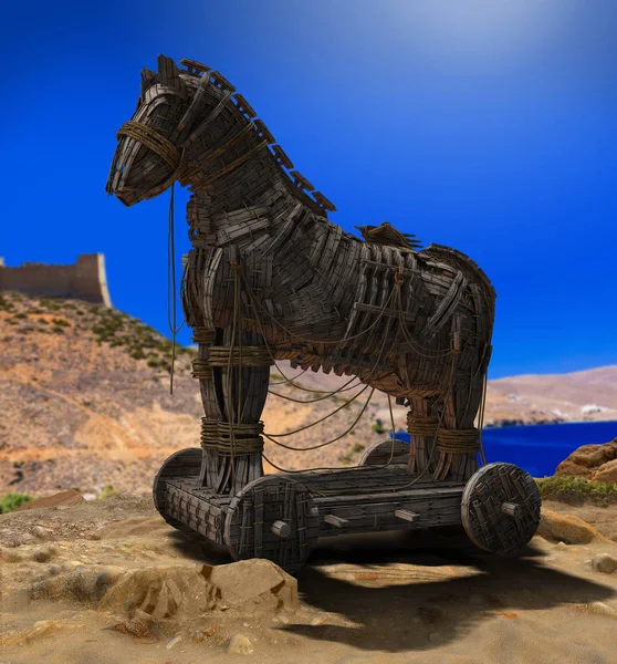 Trojansk häst framför väggar av Troja — Stockfoto