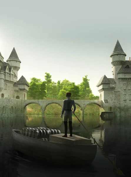 Zauberhafte Burg an einem Fluss und einem Frachtboot — Stockfoto
