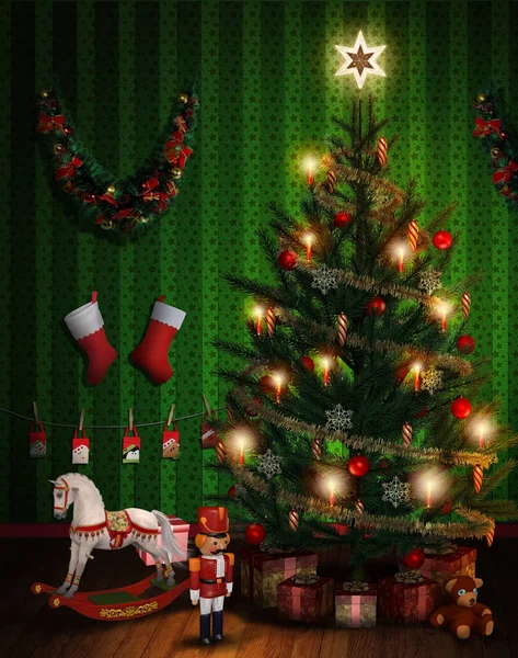 Kerstboom met kadootjes en decoratie — Stockfoto