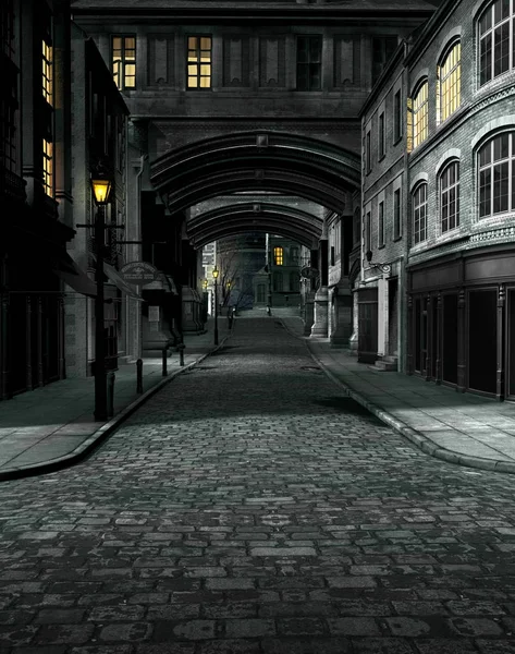 Улица по ночам с городскими зданиями XIX века — стоковое фото