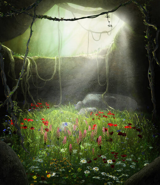 3D render illustration of an enchanting fairy tale cave filled with flowers in a magical forest