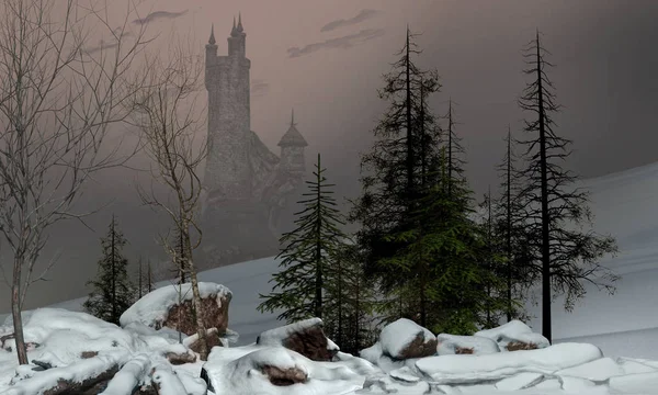 Paysage hivernal enchanteur avec château — Photo