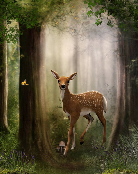 3d render of a Roe Deer Fawn in an Enchanting Forest surrounded by butterflies