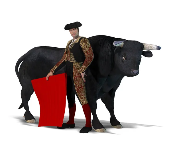 Гордый Матадор и бык на белом фоне — стоковое фото