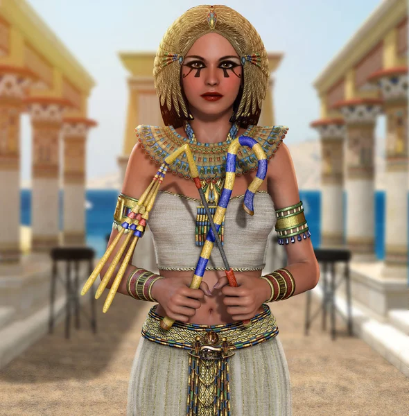 La reine égyptienne Cléopâtre Pharaon tenant des signes de pouvoir — Photo