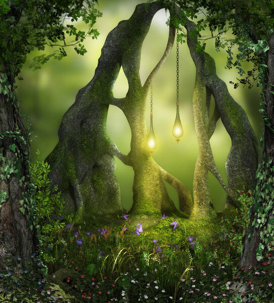 3d render of magical forest fairy lights in an enchanting forest