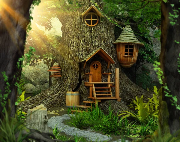 Чарівний будинок на дереві всередині старого білого дуба — стокове фото