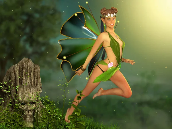 深い森の中で美しい魅惑の空飛ぶ妖精の女の子 — ストック写真