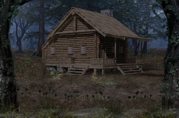 Cabane en rondins à distance dans les bois enchanteurs profonds — Photo